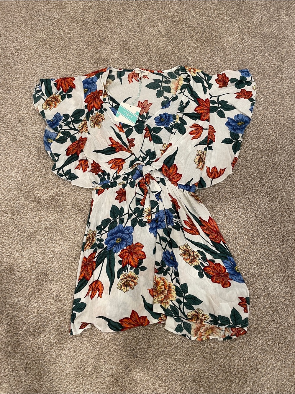 Umgee Cream Floral Blouse with Red & Blue Blooms